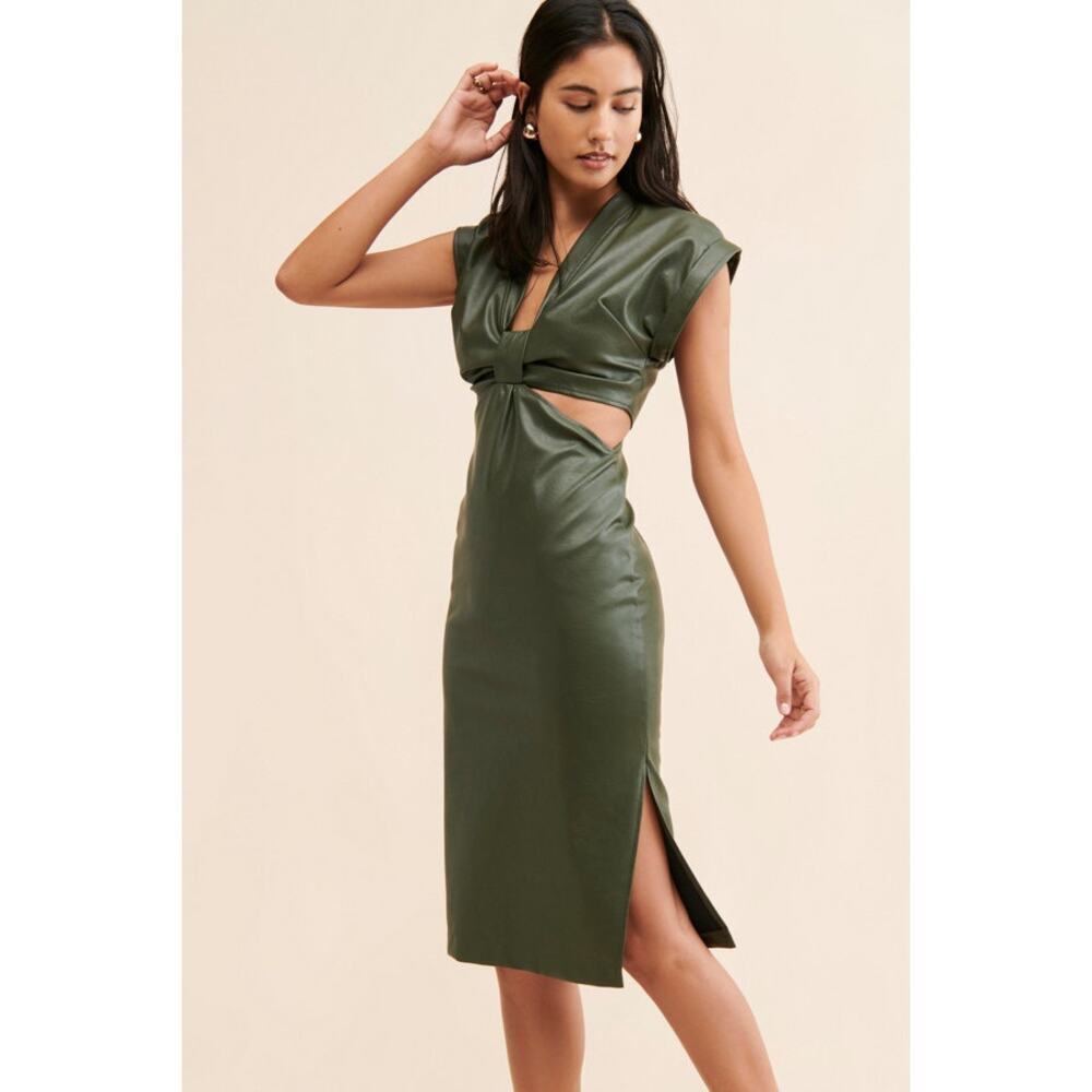 Eva Franco Vegan Leather Cut Out Midi Dress Green Size 6 GORGEOUS EUC